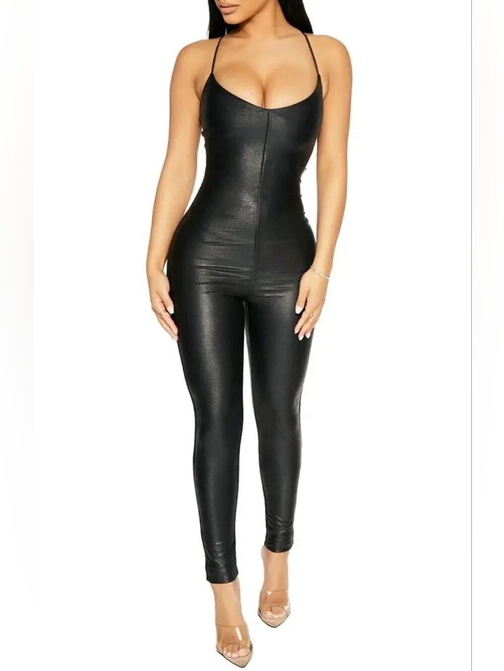 Naked Wardrobe Black Crossback Faux Leather Jumpsuit M